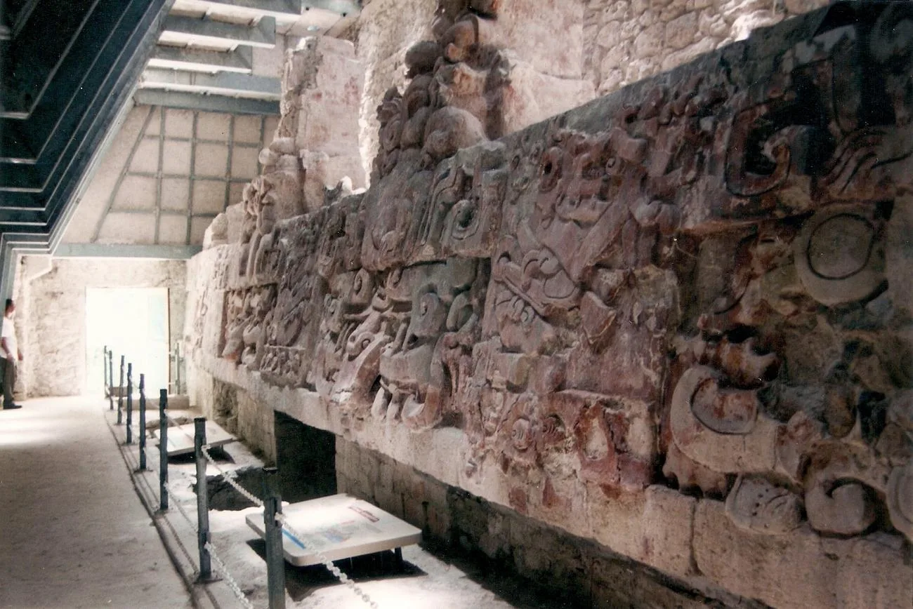 Preserved modeled-stucco frieze at Balamkú, near Calakmul, Campeche