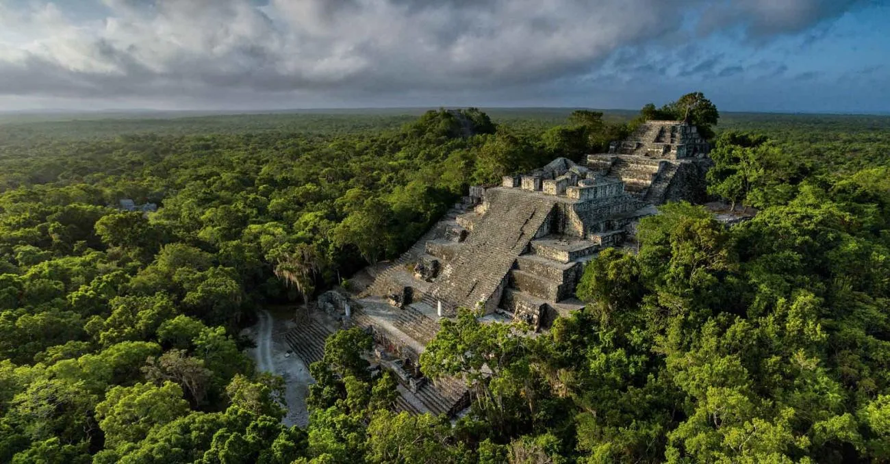 Aerial view of the unbroken Calakmul Biosphere Reserve tropical forest, Campeche