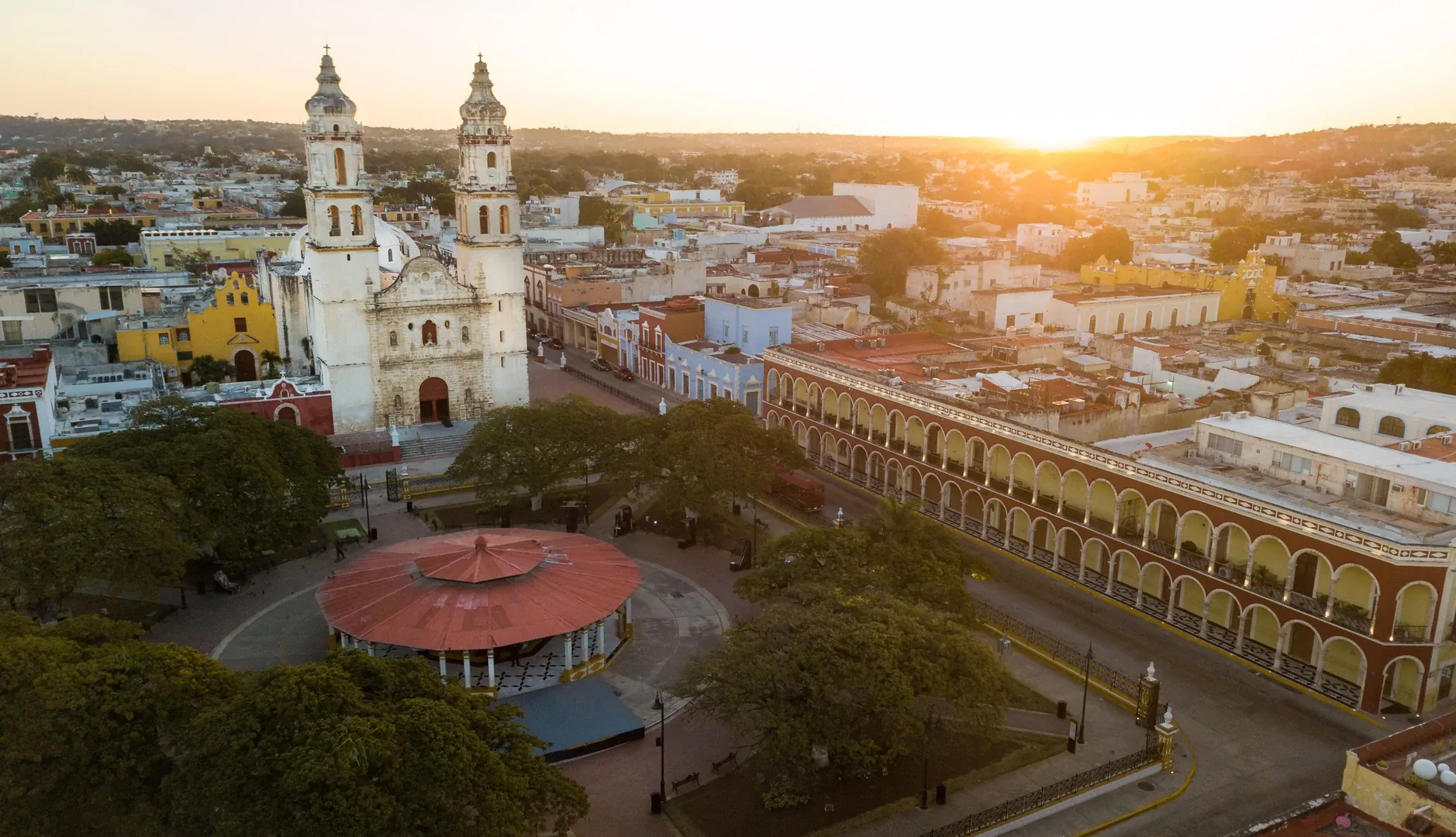 Campeche's historic centre from above, at dusk