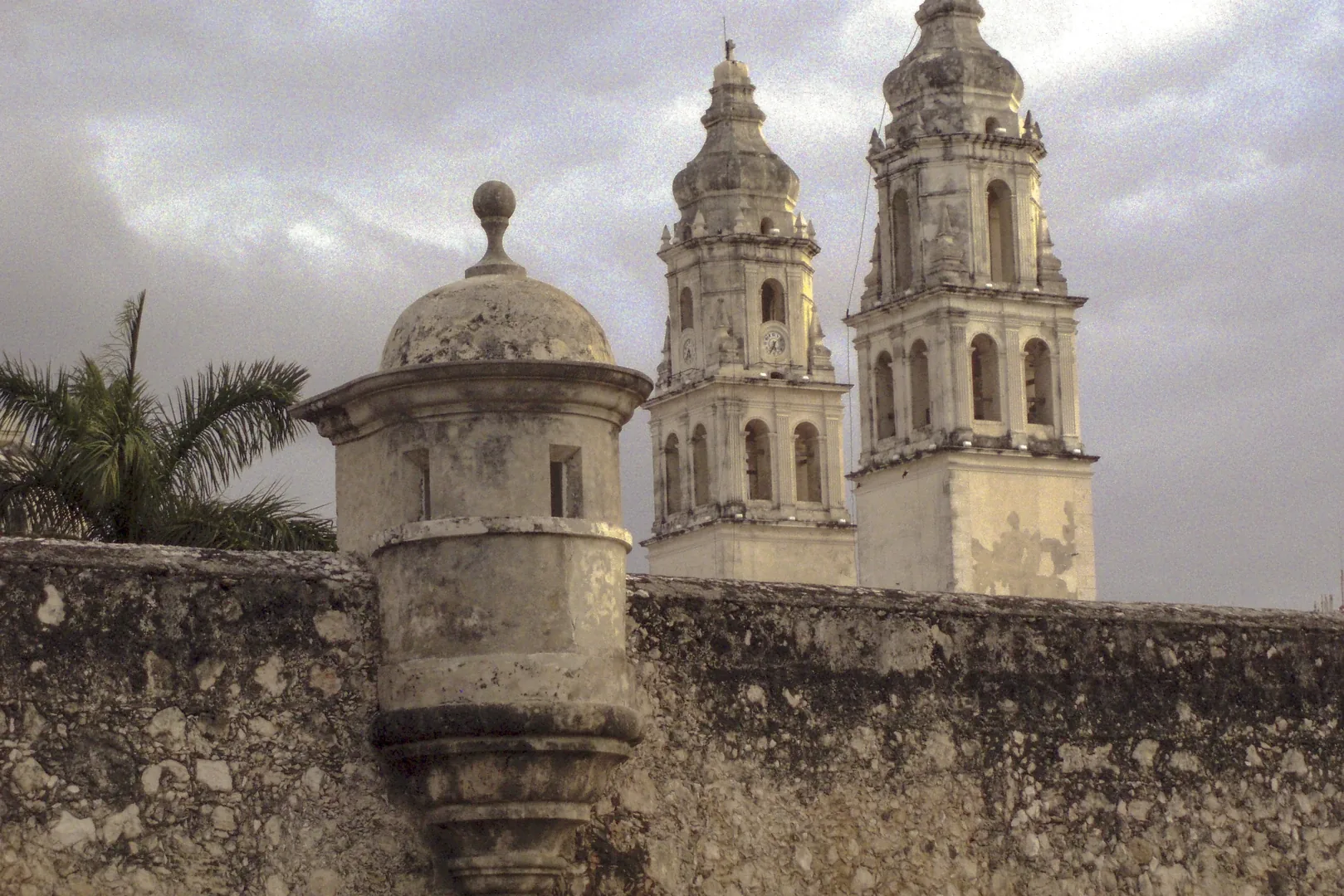 Campeche Cathedral behind a bastion of the city wall