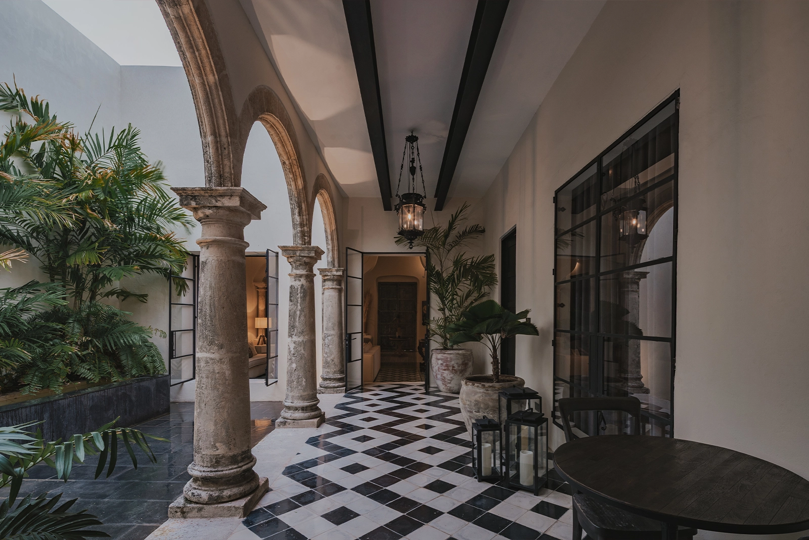 Colonial courtyard of a restored Casonas MX home set for a private celebration in Campeche