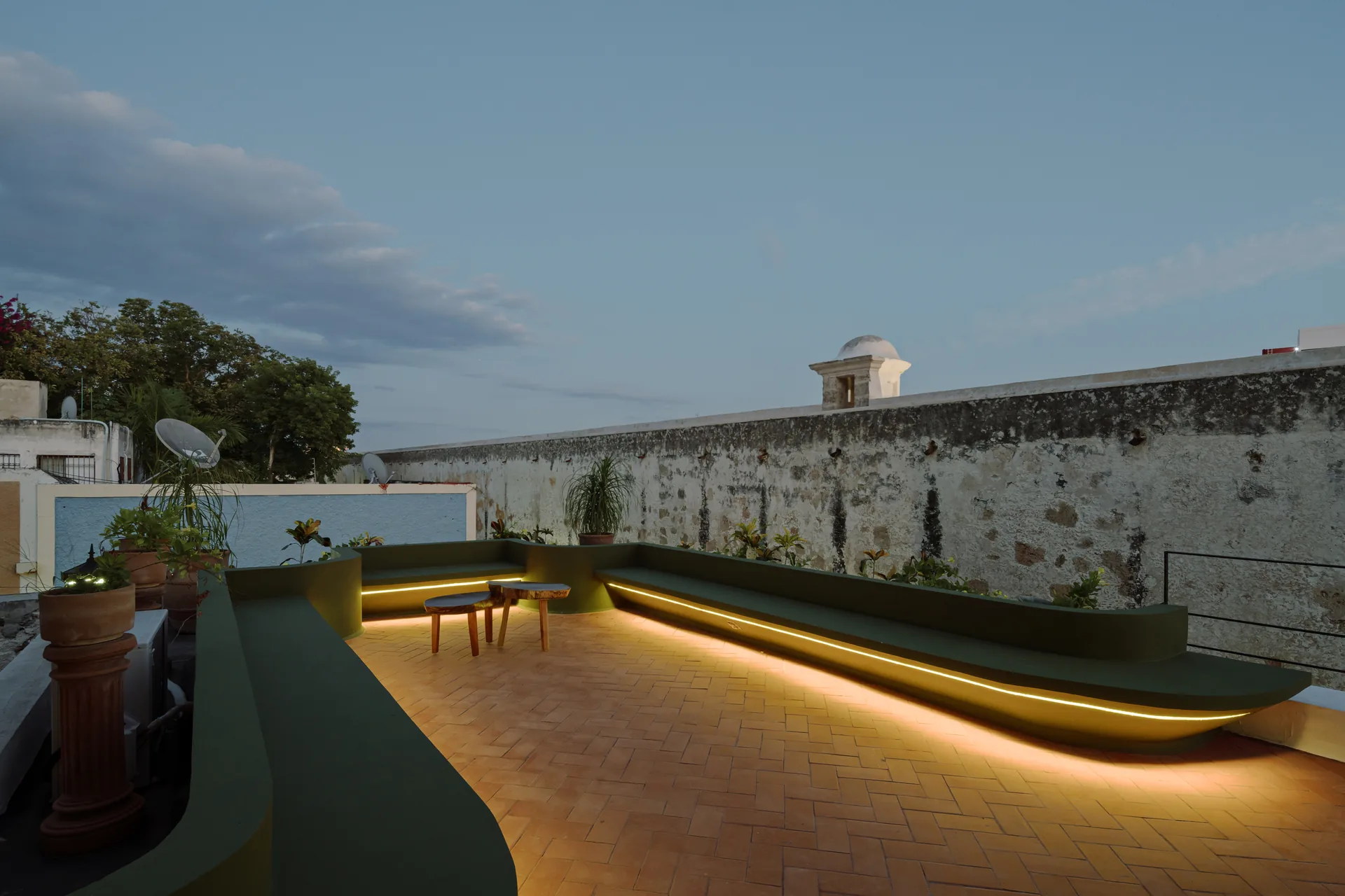 Terrace overlooking the 17th-century colonial wall in Campeche — Casa Muralla by Casonas MX
