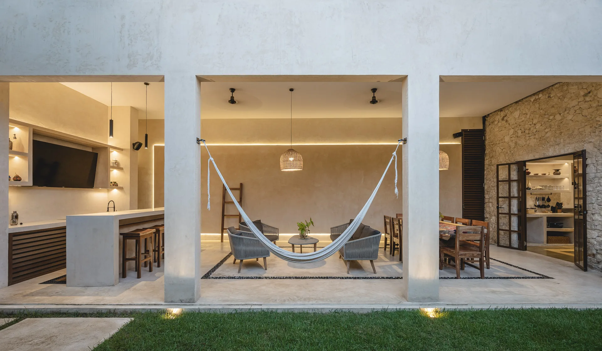 La Casa Verde, a courtyard retreat — hammock in the shaded colonial corridor — Casonas MX, Campeche
